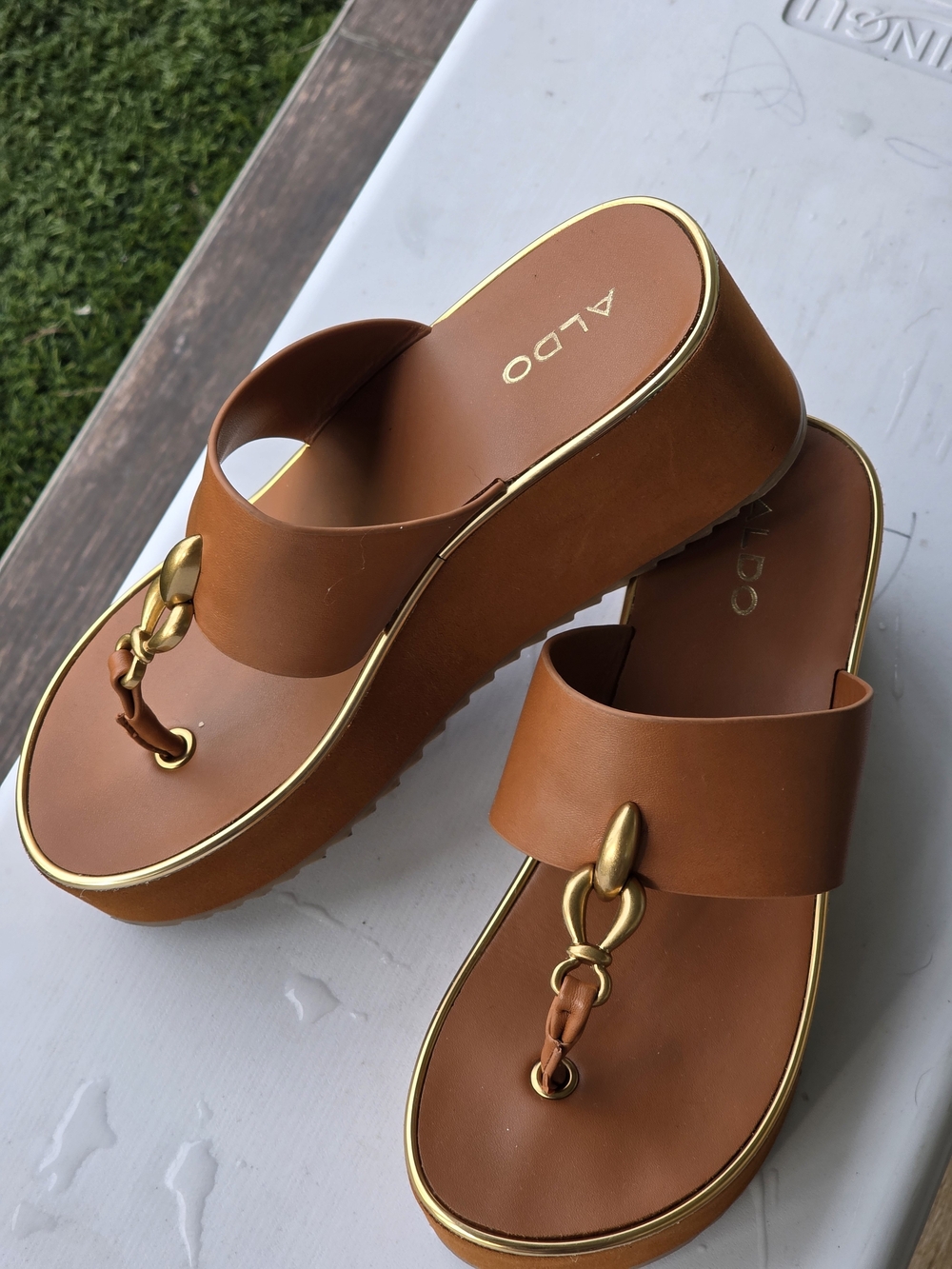 ALDO Women's Tan Platform Leather Thong Sandals